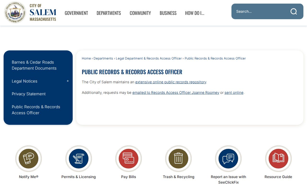 Salem residents directory Records Access Officer public records route