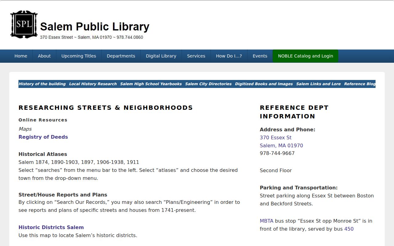 Salem past residents street and neighborhood research at Salem Public Library